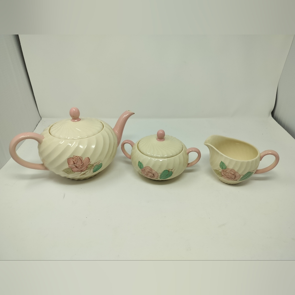 RARE 1930's Susie Cooper Patrica Rose Set Faded Pink Teapot Sugar & Cream Bowl